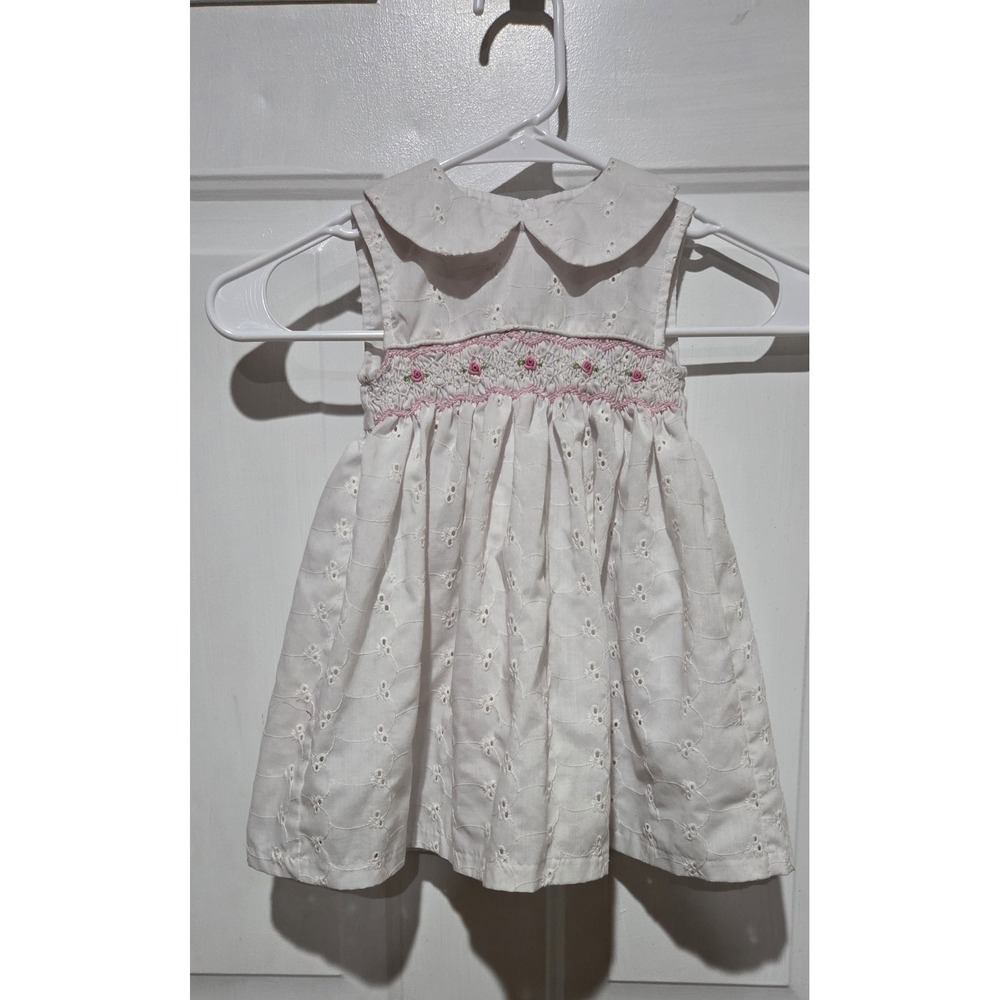 Mia Juliana White Smock Dress 24 Months Baby Girl W/ Pink Roses